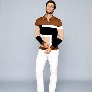 Designer Color Block Zip-neck sweater; Reiss, multicolored, size small